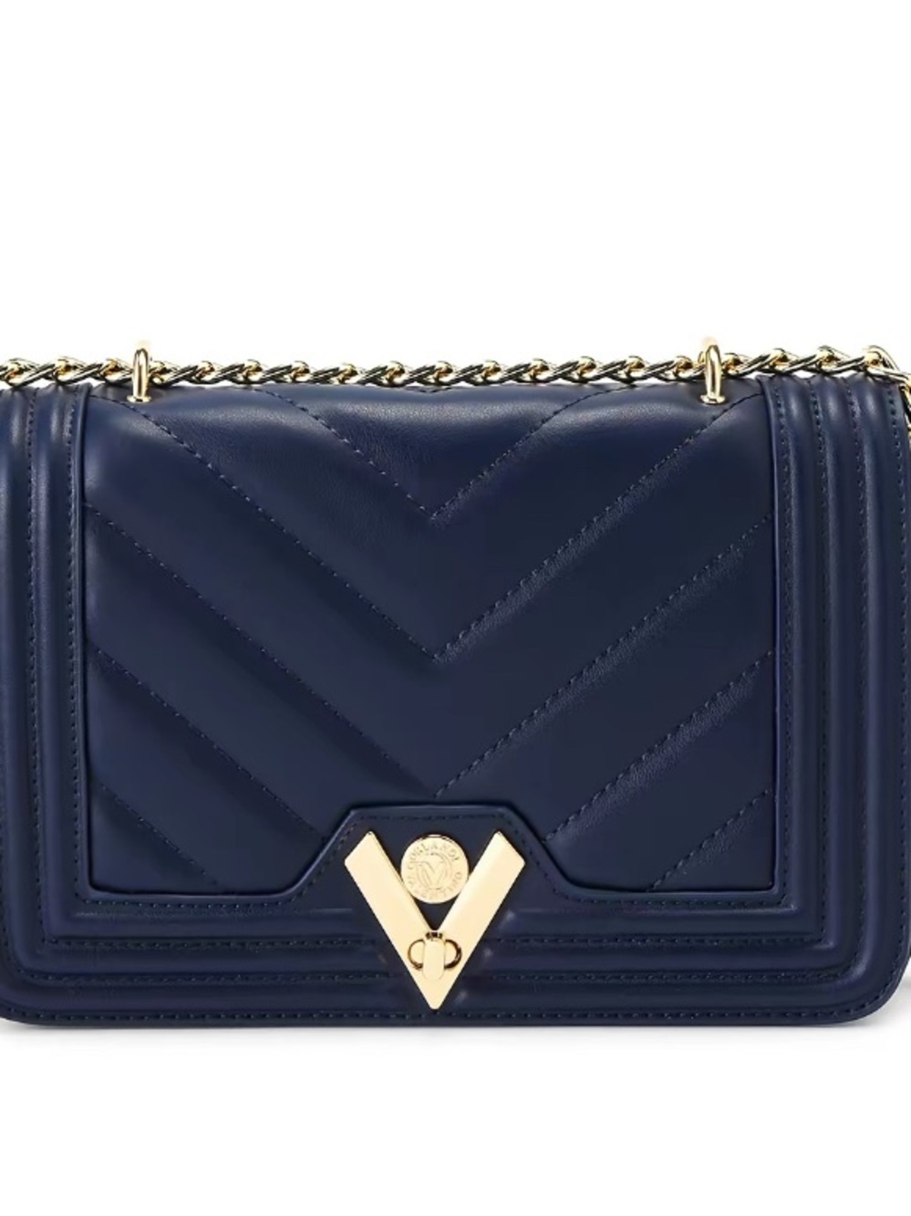 Valentino Orlandi Navy Quilted Chevron Chain Shoulder Bag with Gold V Clasp